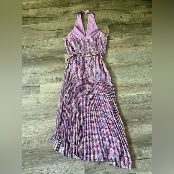 SHOSHANNA Roya Dress 10 Lavender Purple Snake Print Midi Pleated Chiffon Wedding - Picture 6 of 10